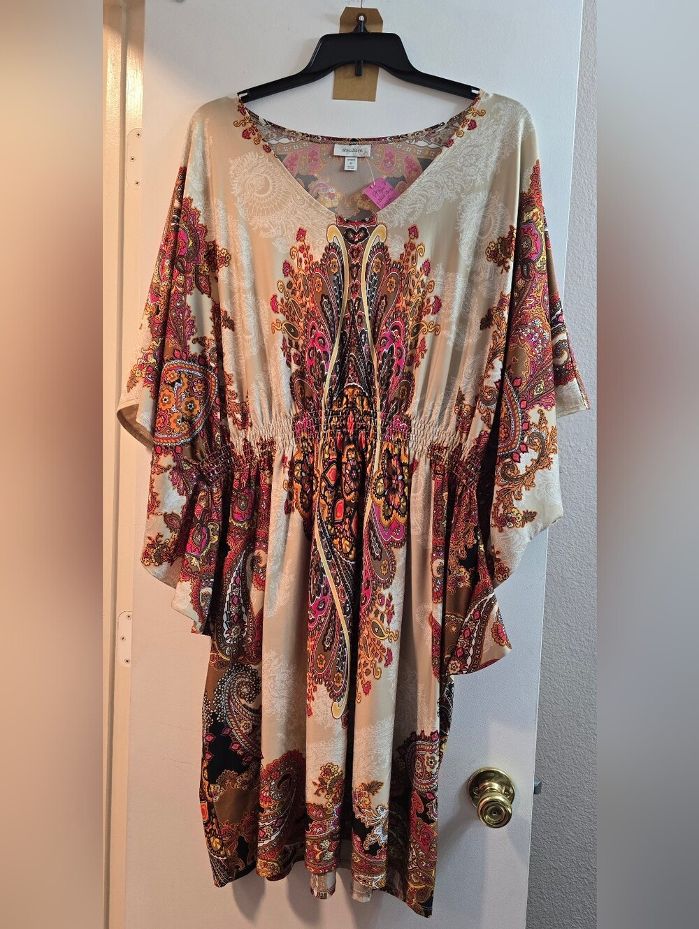 135 Dress Barn Boho Paisley Midi Dress — Cream with Pink & Brown